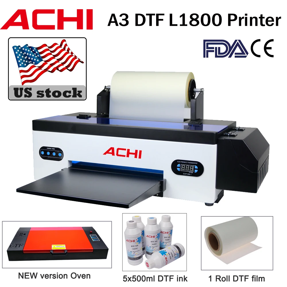 

EU Stock ACHI A3 DTF Printer L1800 T-shirt Printing Machine Heat Transfer Film For Hats Bags Fabric Printing DTF Printer Kits