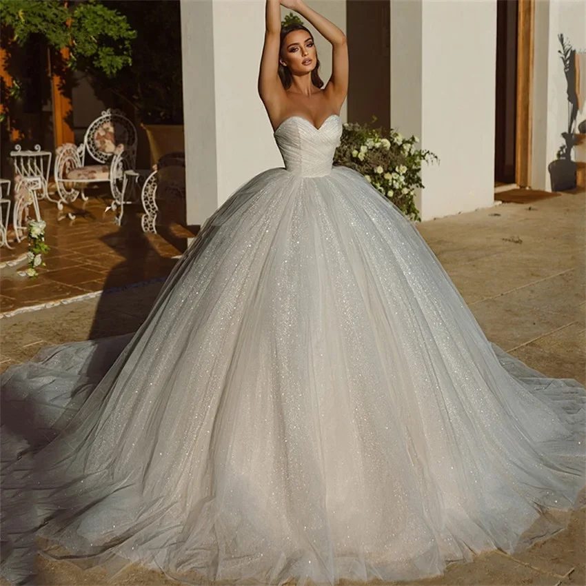Elegant Saudi Arabia Shiny Wedding Dress Ball Gowns Glitter Tulle Sweetheart Pleat Bride Dresses Robe De Mariee Wedding Gowns