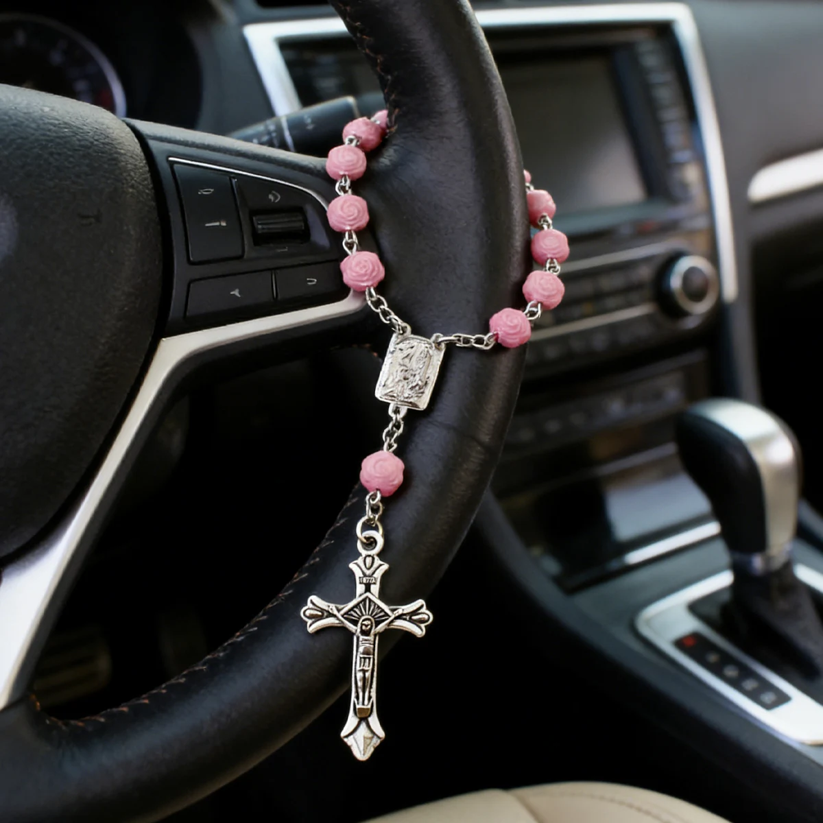 Rose cross prayer bead car ornament