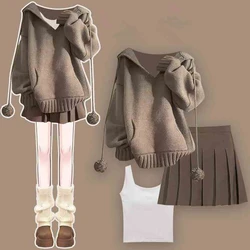 Women Autumn Winter Vintage Hooded Sweater Pullovers White Vest Mini Pleated Skirts Set Lady Casual Pompom Knit Top Skirt Outfit