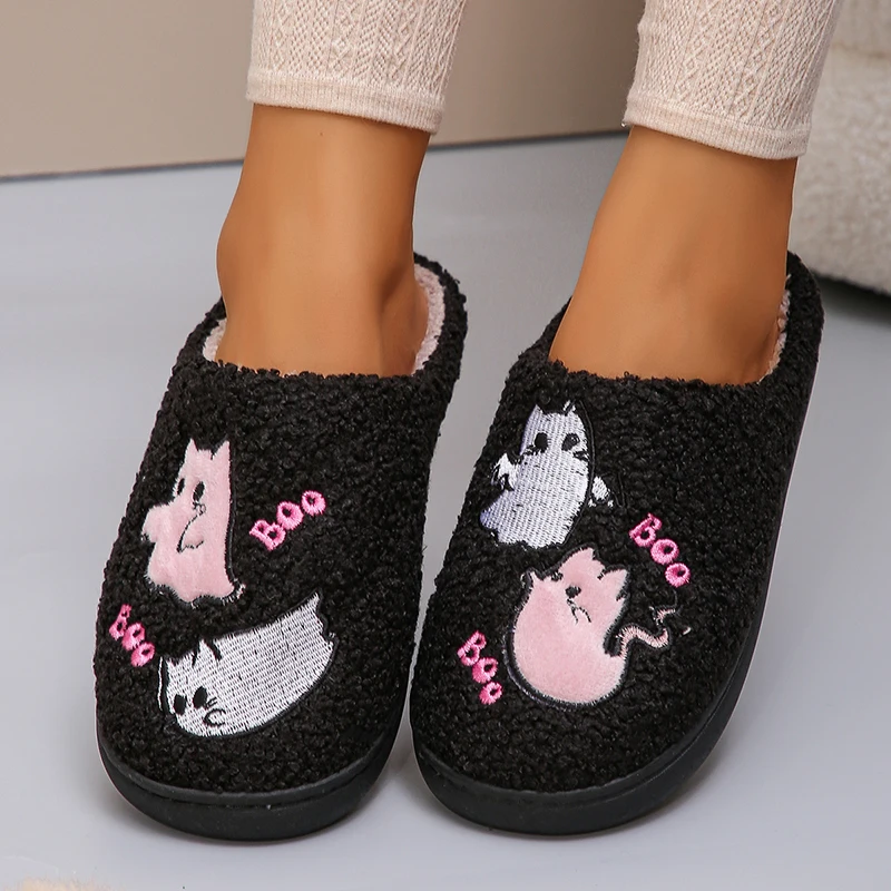 Halloween Style Fluffy Slippers Women Winter Indoor Soft Sole Warm Home Slippers Woman Closed Toe Flat Heel Plush House Slides