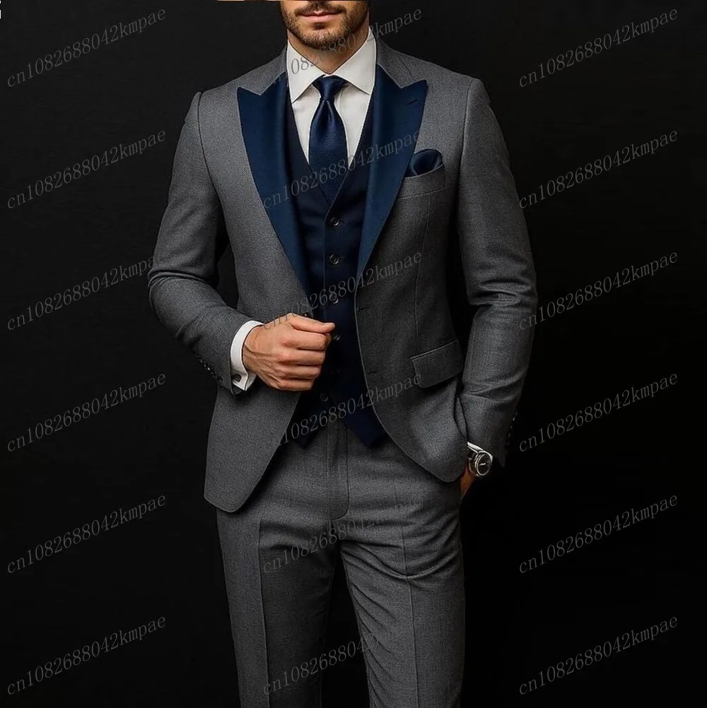 

Темно-серый и темно-синий деловой мужской костюм для жениха, жениха, свадебной вечеринки, выпускного вечера, деловые мужские смокинги, комплект из 3 предметов, пиджак, жилет, брюки
