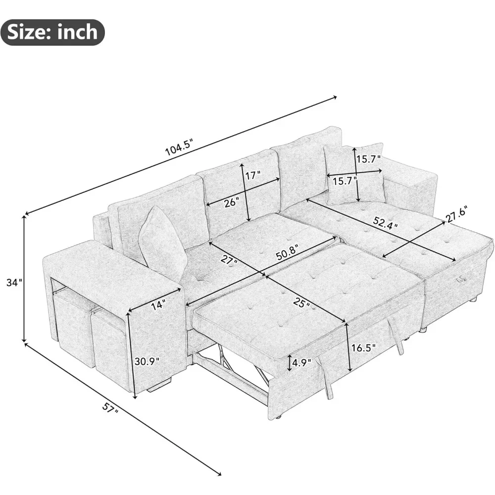 104" Reversible Sectional Couch with Storage Chaise & 2 Stools，Linen Convertible Couch for Living Room Office，Pull Out Sofa Bed