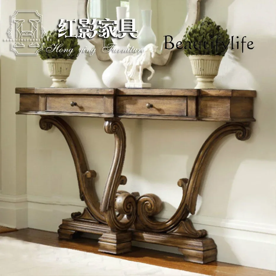 O10 American Retro Old Solid Wood Entrance Table European Decorative Cabinet Simple Foyer French End View Table