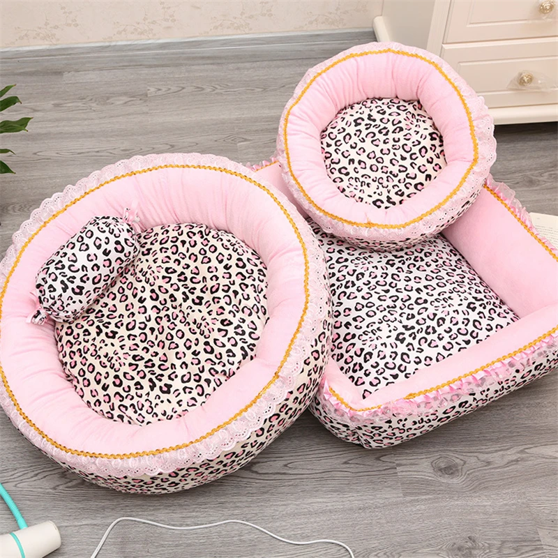 Korea Style Princess Dog Cat Bed Pink Leopard Pet House Sleeping Bag Dog Bed With Pillow Puppy Cushion Kennel Sofa Cama Perro