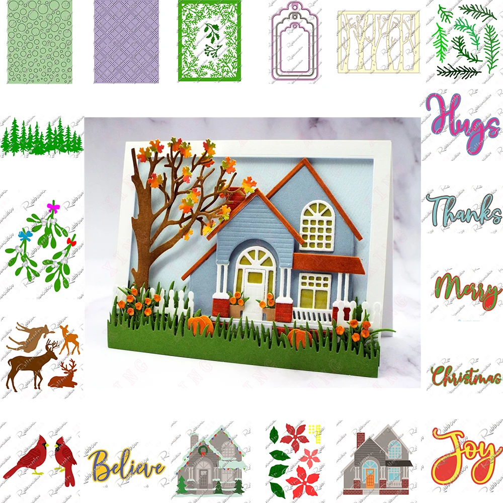 Metal Cut Die Plaid Holly Tags Forest Mistletoe Poinsettia Deer Cardinals Christmas Merry Thanks Hug Joy Believe House Snow Mold