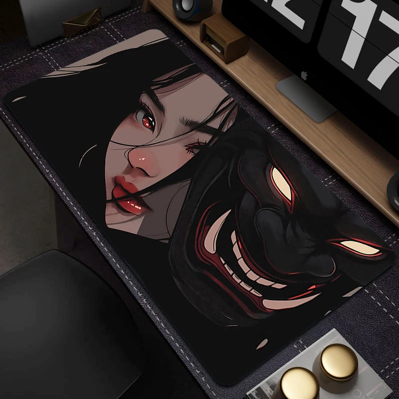 Gamer Mouse Pad Oni Devil Mask Rubber Mouse Mat Anime Girls Large Gaming Mousepad Game HD Print Keyboard Pad Non-Slip Desk Mat