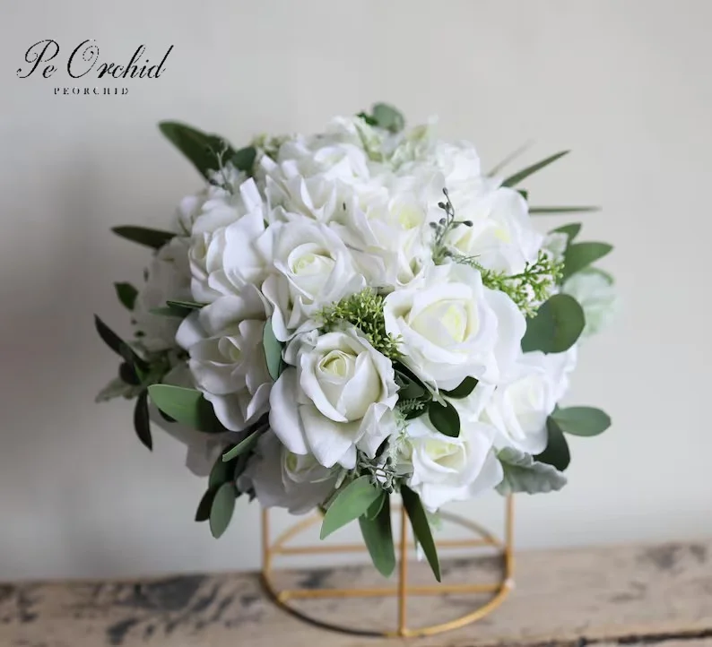 PEORCHID White Greenery Faux Flowers Bouquet Weddings Real Touch Roses Artificial Rustic Boho Bridal Bouquet For Brides