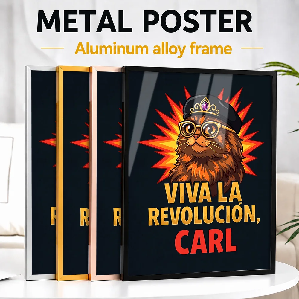 Funny Cat Viva La Revolucion Carl Framed Metal Poster Personalized Photo Bold Humor Style Wall Art For Den Ideal Birthday Gift