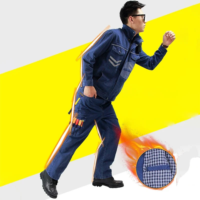 Soldagem reflexiva Denim uniforme de proteção, retardador de fogo roupas, anti-espumante, durável oficina trabalho Coverall, Repair Worker