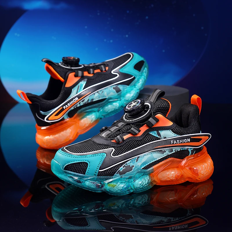 

Детские кроссовки, дышащие удобные прогулочные туфли на плоской подошве с вращающейся кнопкой, роскошный дизайн, модные теннисные туфли для бега для мальчиков