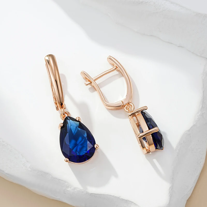 Kinel New Water Drop Dark Blue Long Dangle Earrings for Women 585 Rose Gold Color Natural Zircon Wedding Earrings Daily Jewelry