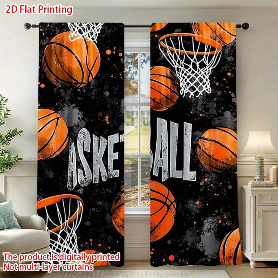 2PCS Digital Printed Curtains, Fire Flame Basketball Dynamic Athletic Sport, Home Decor Style for Living Room Bedroom Decor