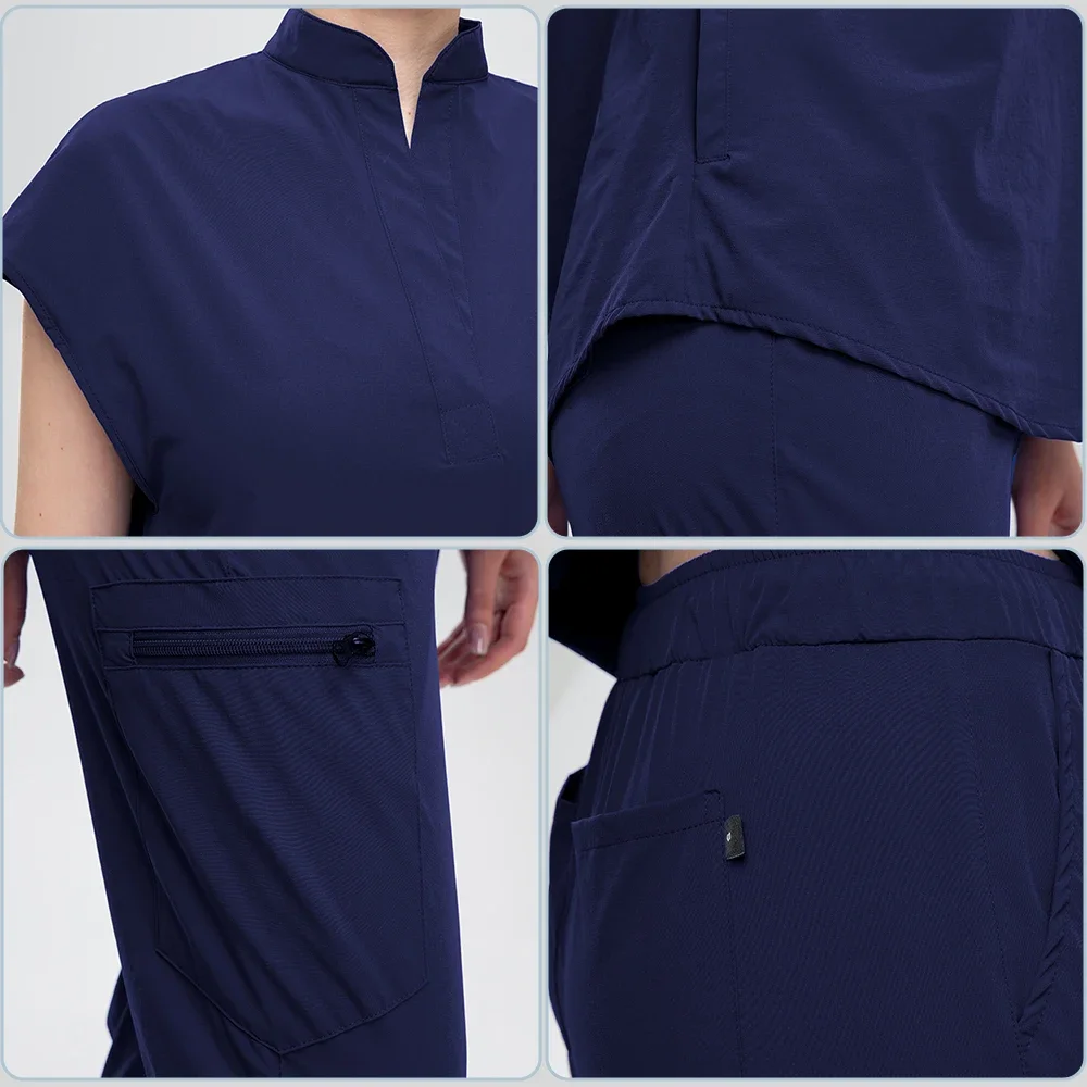 Uniformi mediche da donna Scrub elastici Set Abbigliamento da lavoro chirurgico ospedaliero Top a maniche corte Pantaloni Accessori infermieristici Vestiti per medici