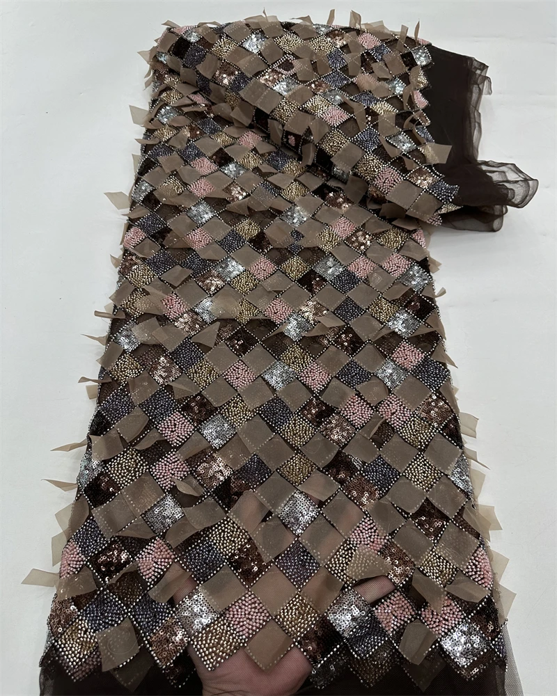 Luxury French Mesh Lace Fabric with African Nigerian Sequins for Wedding Dress Embroidery Sewing Material