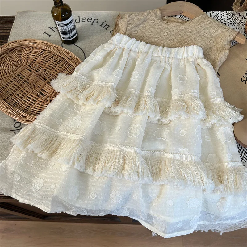 Children Clothing Korean Style Sweet Fairy Set 2024 New Summer Girls Fashion Simple Vest Lace Fringe Half Skirt Two Piece Set