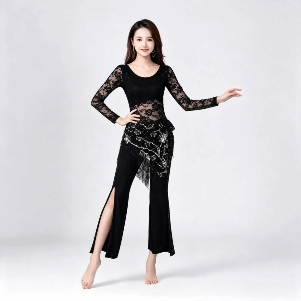 Mesh Fabric Belly Dance Hip Scarf Tassel Design Sequin Embellished Tassel Hip Scarf Elastic Waistband Triangle Shape