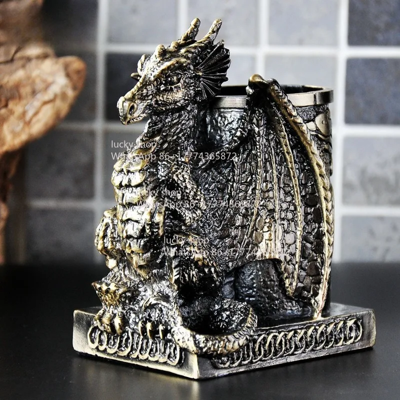 Sario Cute Baby Dragon Multi-functional Pen Holder Storage Box Creative Fashion European Retro Desktop Ornament Cosmetic Bucket