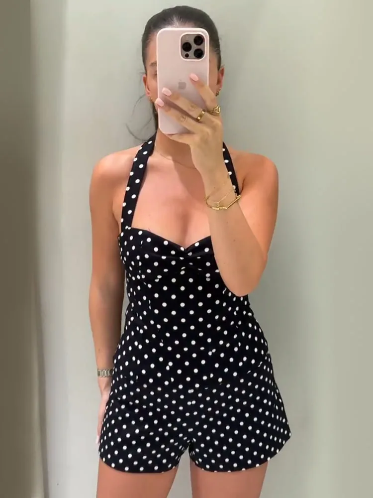 HH 2026 Women New Fashion Shorts Suit Sexy Backless Polka Dot Halter Neck Slim Short Top+Side Zipper Casual Versatile Shorts