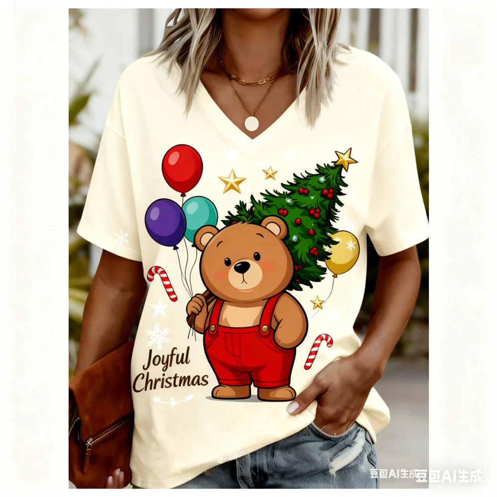 

Рождественская женская футболка с 3D принтом Санта-Клауса, футболки с v-образным вырезом и графикой, быстросохнущая рождественская футболка, топы для женщин, одежда y2k