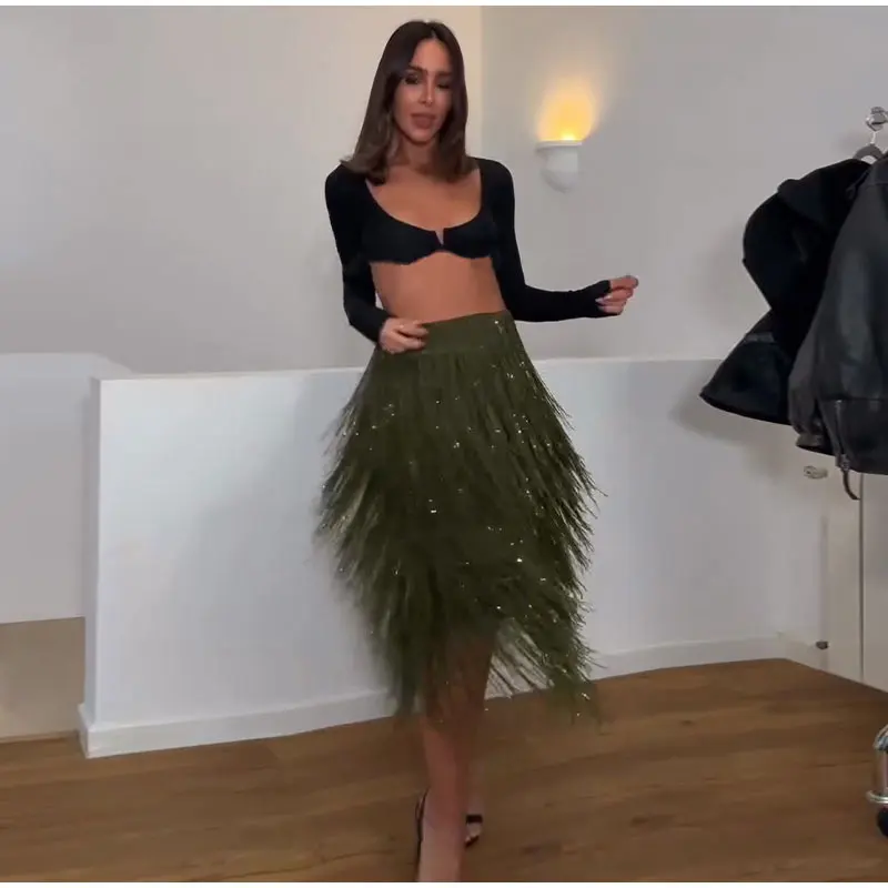 Women's Olive Green Sequin Fringe Midi Skirt Sparkly Tassel Party Skirt for Evening Clubwear 2025 Festival New Sexy Lady Skirts