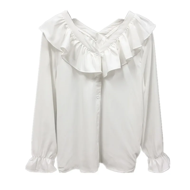 Shirts Women Solid Ulzzang Loose Temperament Ruffles Long-Sleeve Top Fashion Streetwear New Office Lady Korean Style All-match