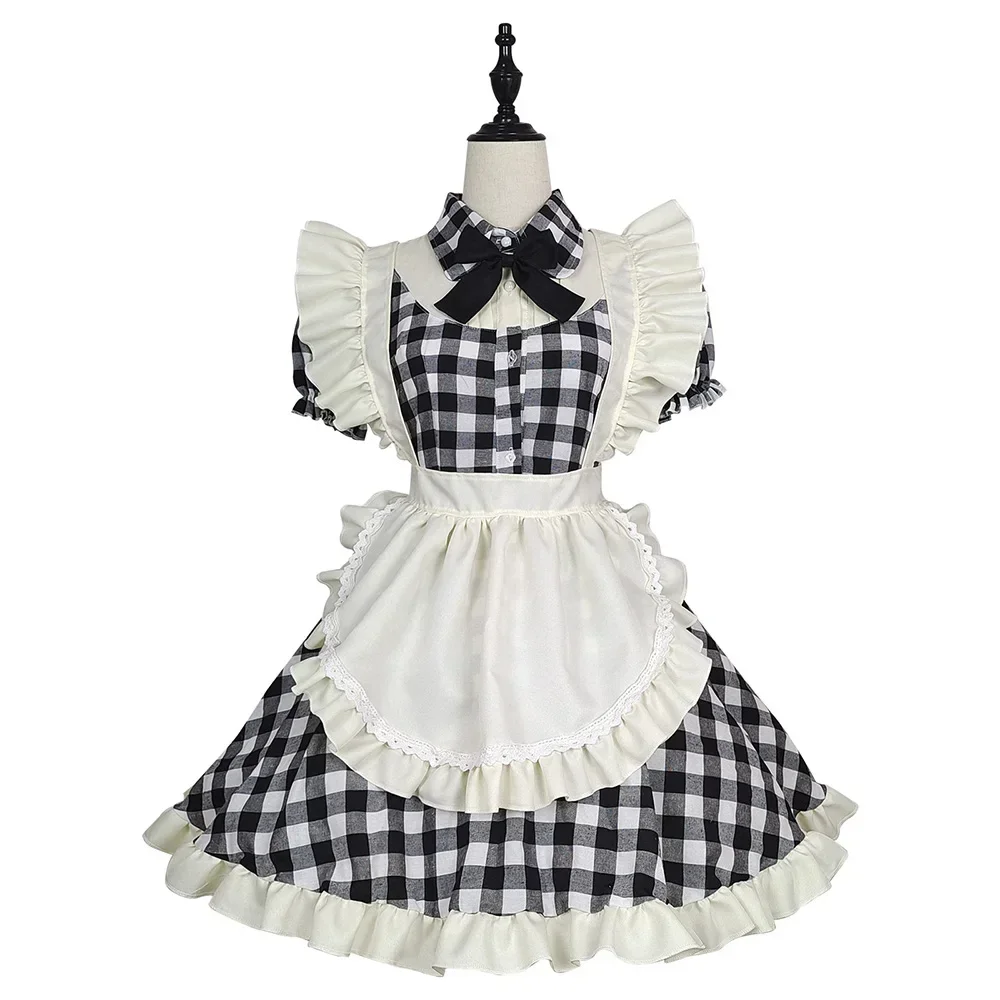 Cute Lolita Plaid Maid Dress Cosplay Check Maid Waitress Costumes