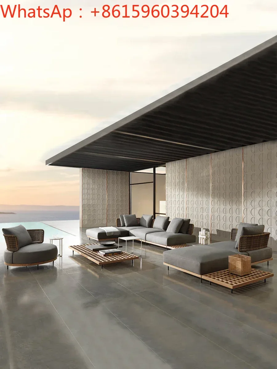 

Customized outdoor sofa, teak wood villa, leisure combination, rattan chair, solid wood tea table, outdoor garden, courtyard,