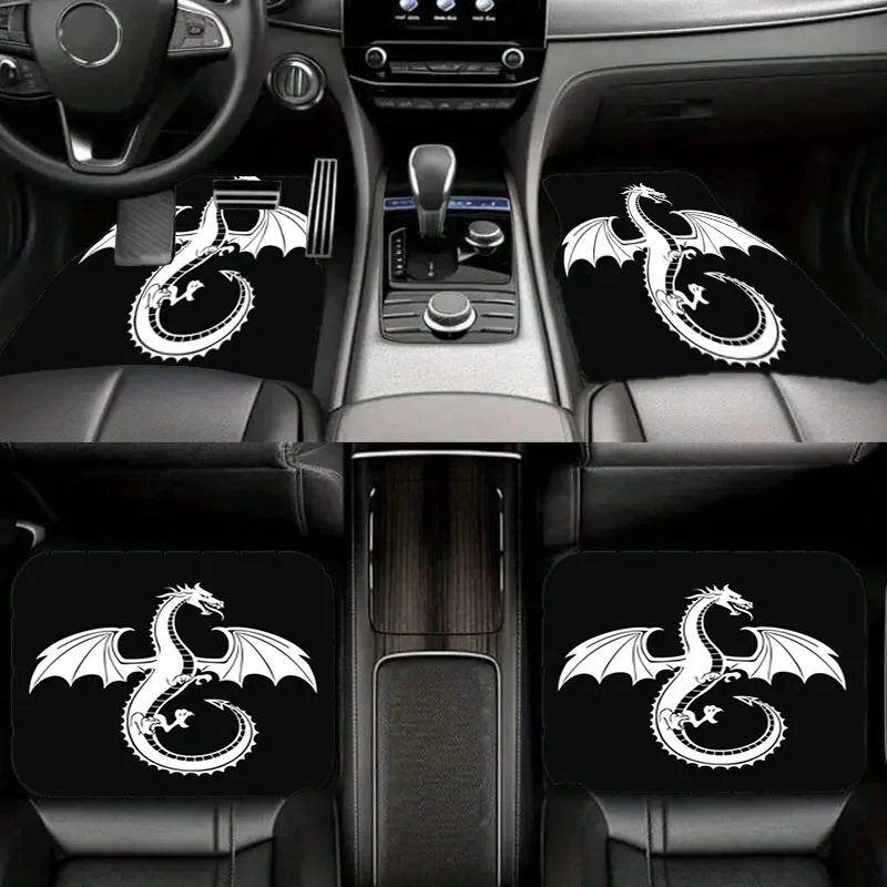 Car Floor Mats Set Of Four Pieces, (Made Of Polyester) With Dragon Pattern, Suitable For All Seasons, Full-Enclosed Front And Re