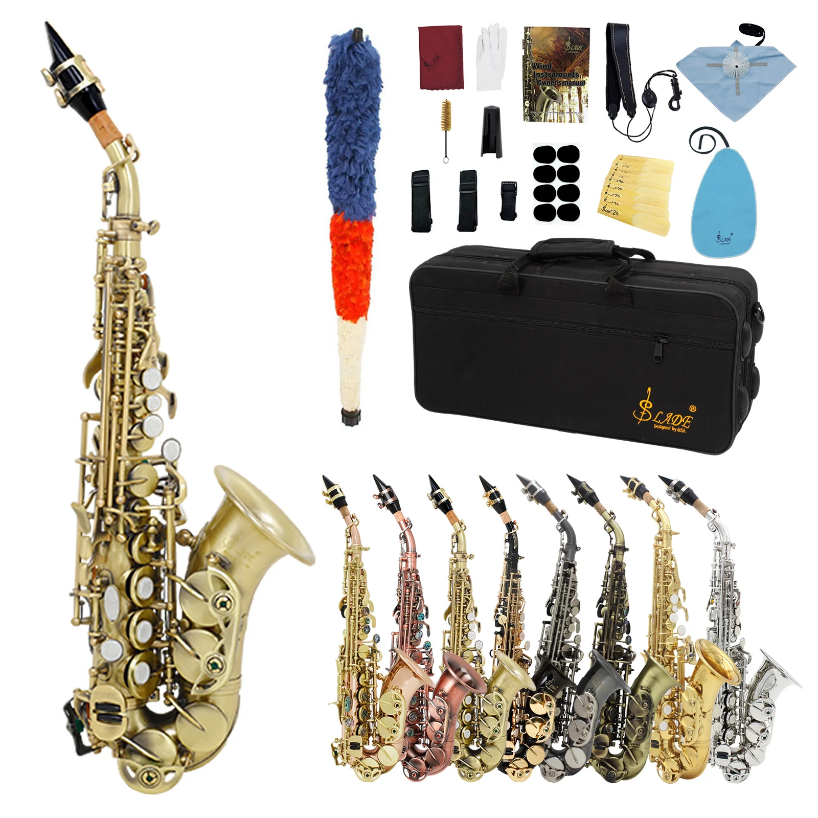 SLADE Soprano Saxophone Bb Flat Sax Brass Body Professional Woodwind Instrument with Case Reed Neck Strap Saxophone Accessories