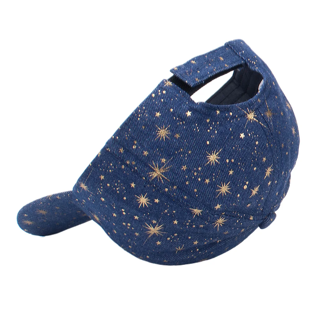 Casual Women Mens Denim Blue Baseball Cap Bronzing Printed Golden Starburst Design