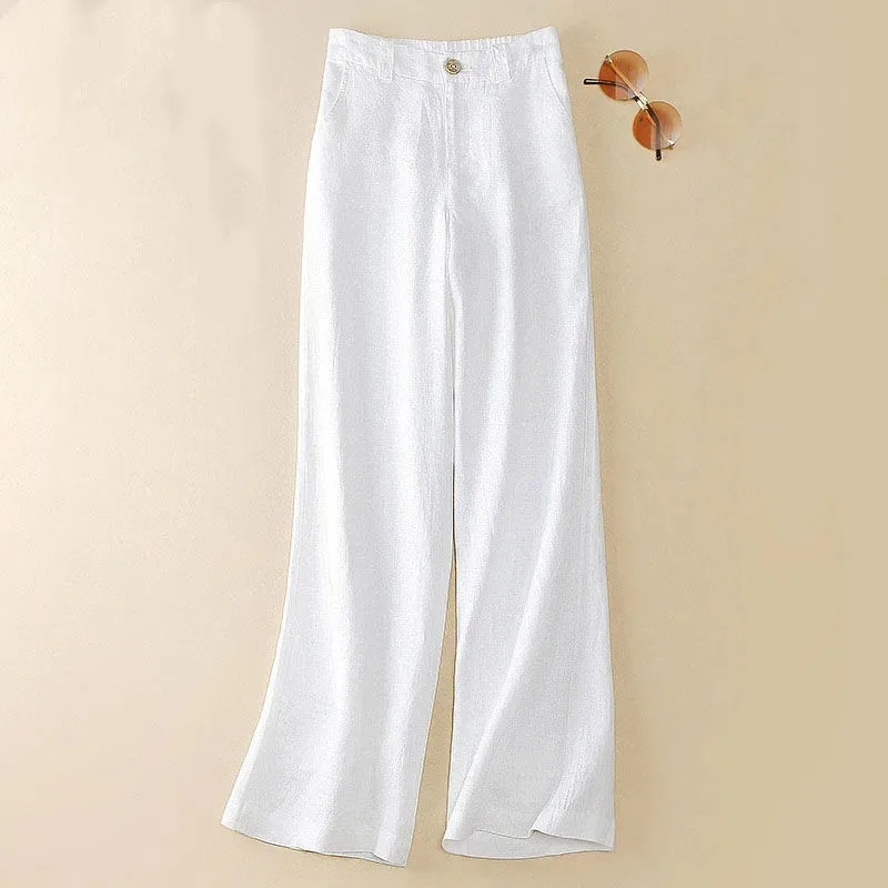 Pantaloni a gamba larga in lino nuova estate pantaloni lunghi Casual solidi sottili da donna pantaloni dritti in cotone e lino larghi elastici a vita alta