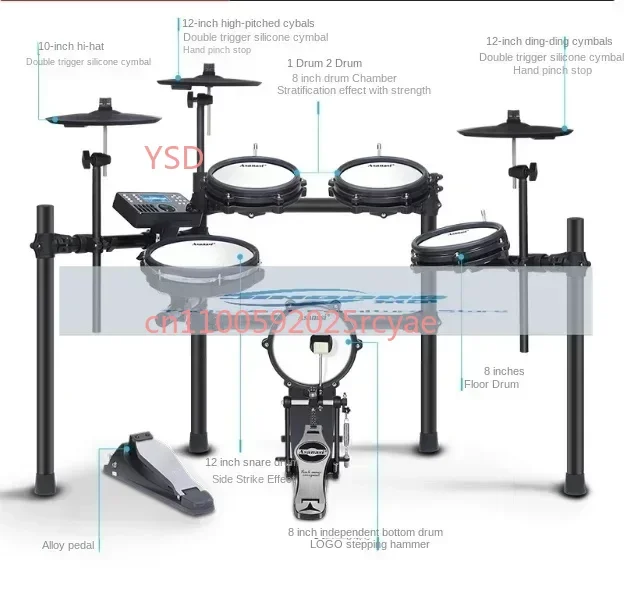 

Electronic drums for beginners, for children at home, with mesh heads, used for playing jazz and professional percussion.