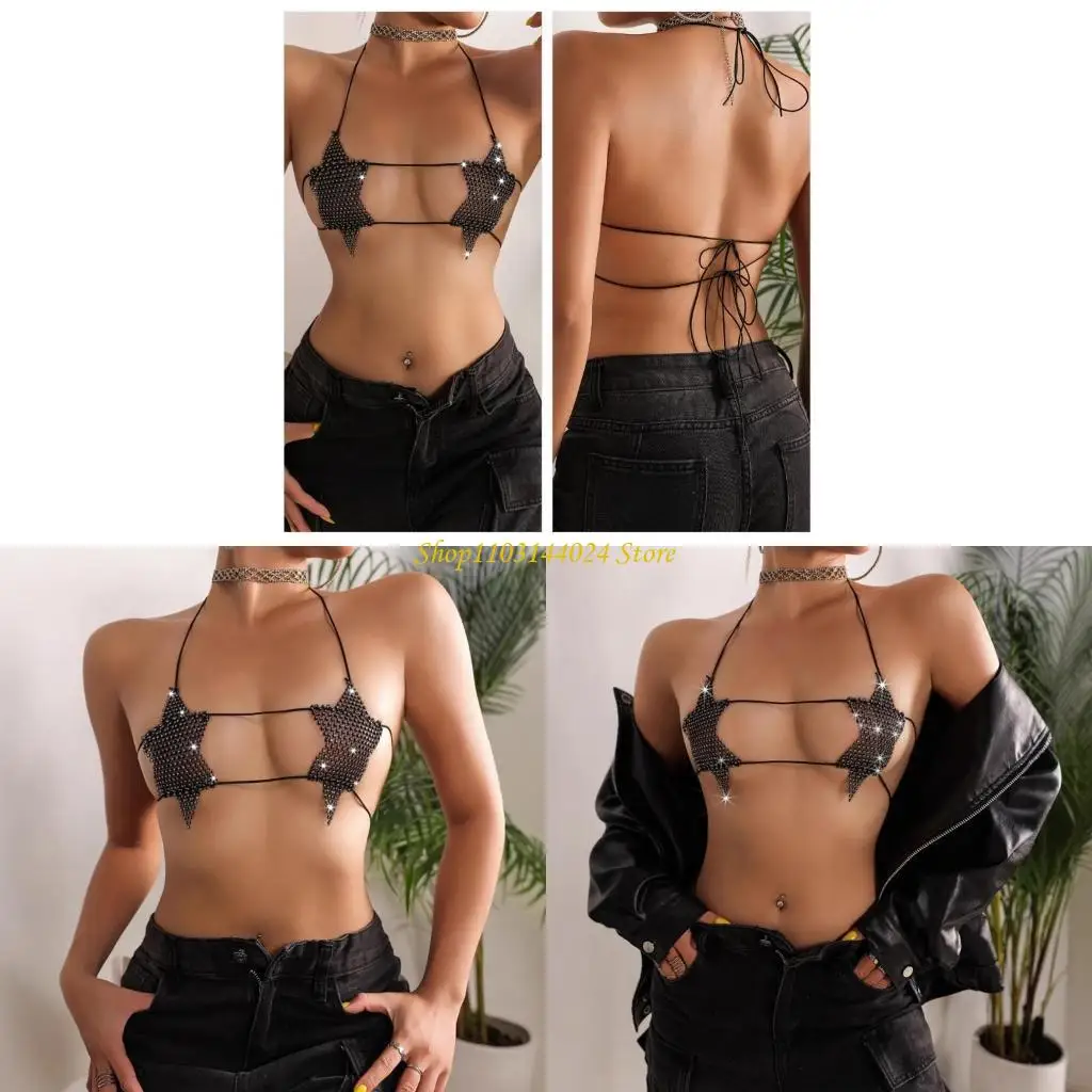 

N5KE Women's Rhinestones Crop Top Top Halters See Through Camisole