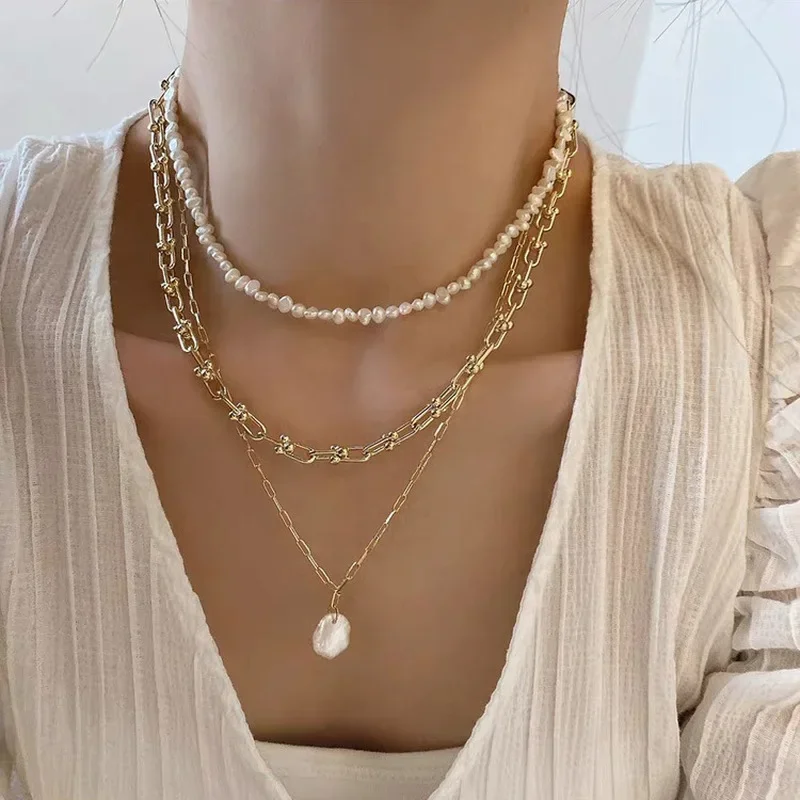 French Retro Link Chain Natural Freshwater Pearl Pendant Necklaces for Women Ladies Gold Color Chain Multilayers Choker Necklace