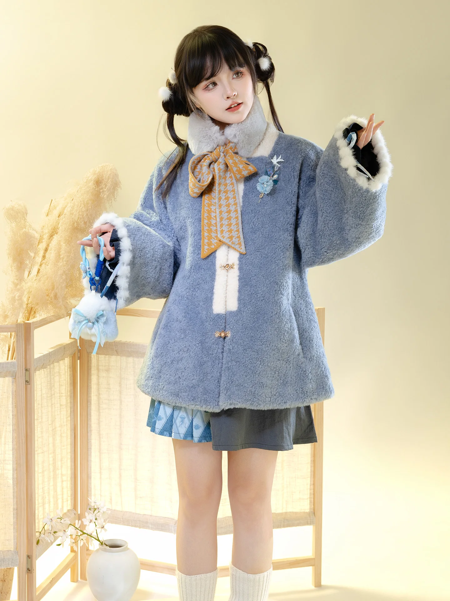 

Зимнее теплое пальто Mingtang i Hanfu с воротником из овечьей шерсти, на пуговицах, с квадратным воротником, верхняя одежда в китайском стиле, женская куртка