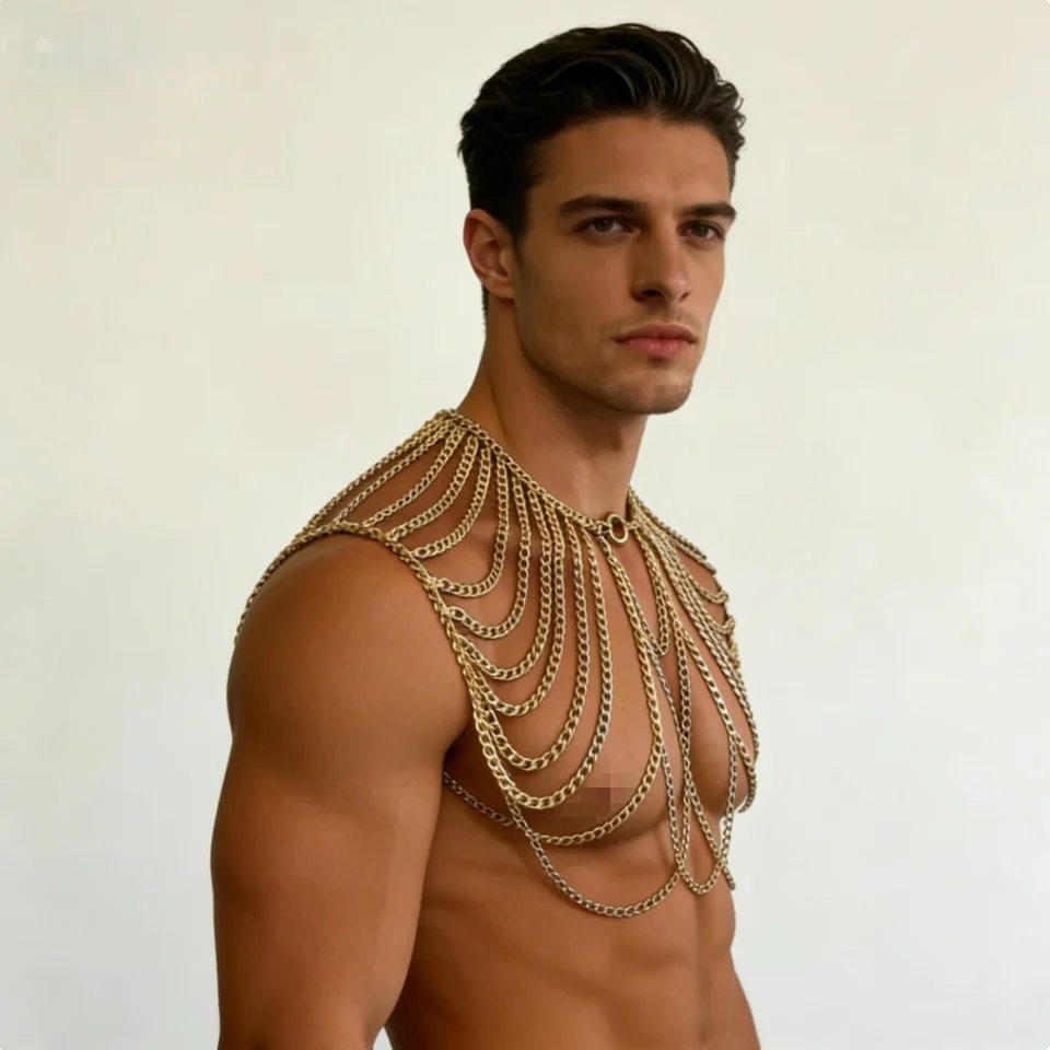 

Men's Sexy Golden Chain Vest Layered Metal Body Chain Top for Men Punk Rock Shoulder Necklace for Stage Costume Clubwear