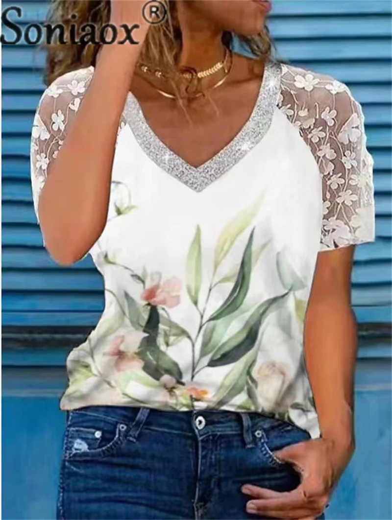 Fashion Lace Short Sleeve Sequins V Neck T-Shirt Women's Sweet Style Casual Loose Tees Female Summer Botanical Flower Print Tops