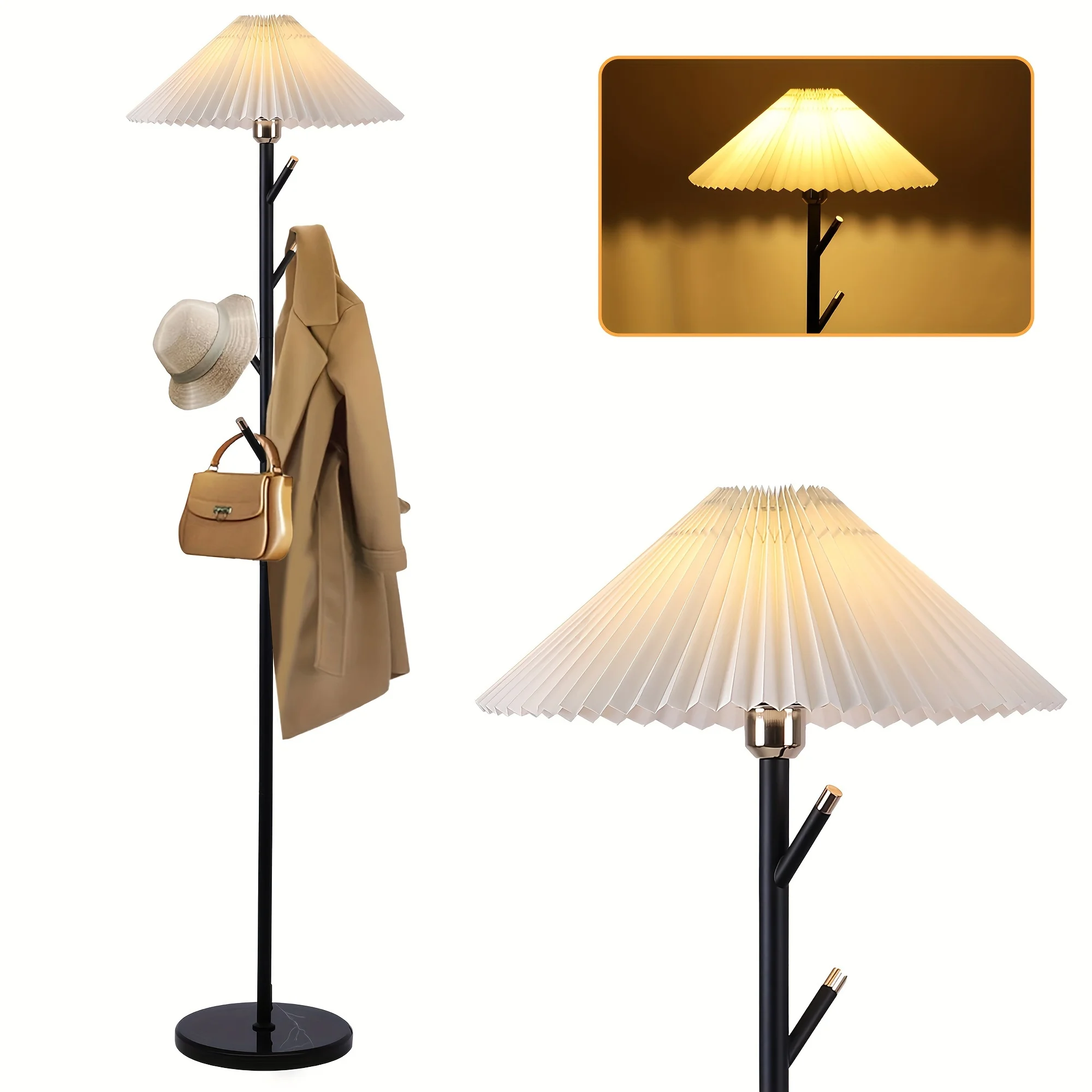 Retro Black & Gold Pleated Fabric Floor Lamp Stylish Pole Light with Foot Switch and Timeless Design Ideal for Bedroom