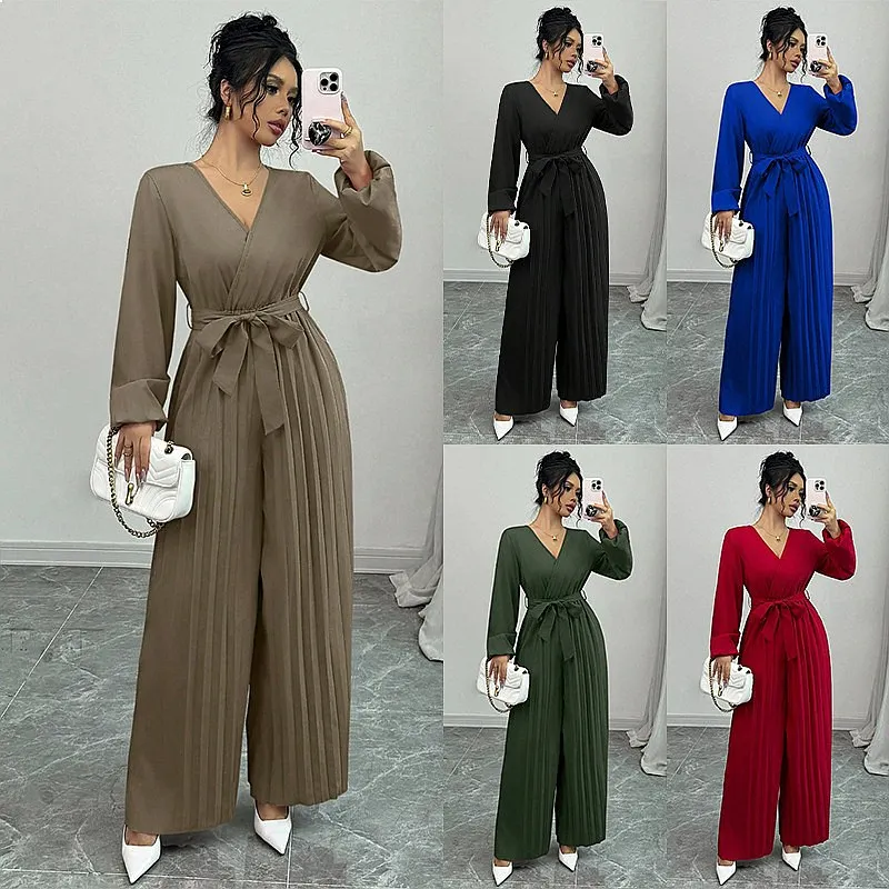 Elegant Bohemian Cross V Neck Waist Tie Jumpsuit Overall Playsuit Spring Summer