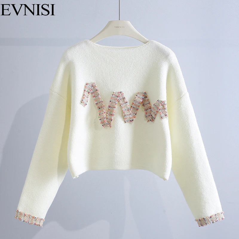 

EVNISI Women Straight Neck Striped Knitting Sweater Pullover Casual Loose Long Jumpers For Women Spring Autumn Sweater 2023