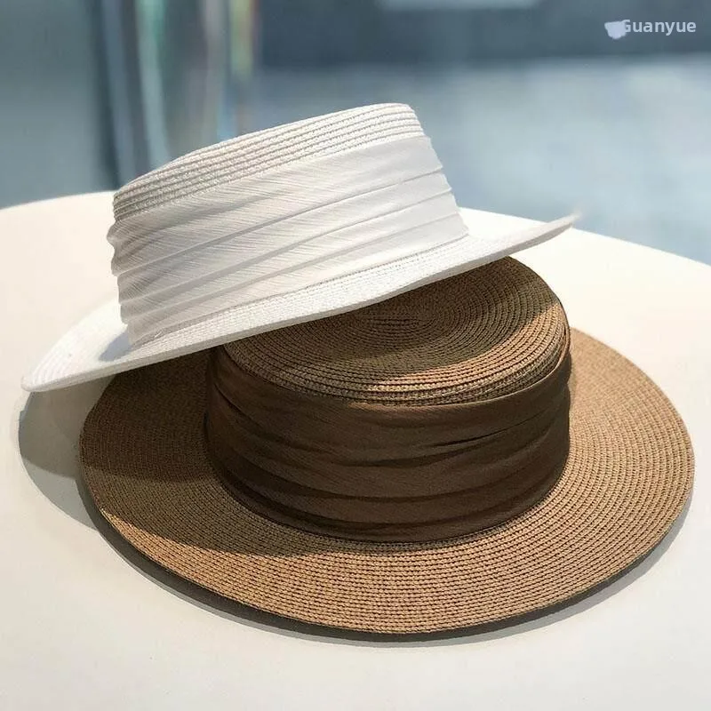 Foldable Ribbon Decorated Flat Top Straw Hat Women's Summer Holiday Outing Sun Protection Fashionable Versatile Japanese Styl...