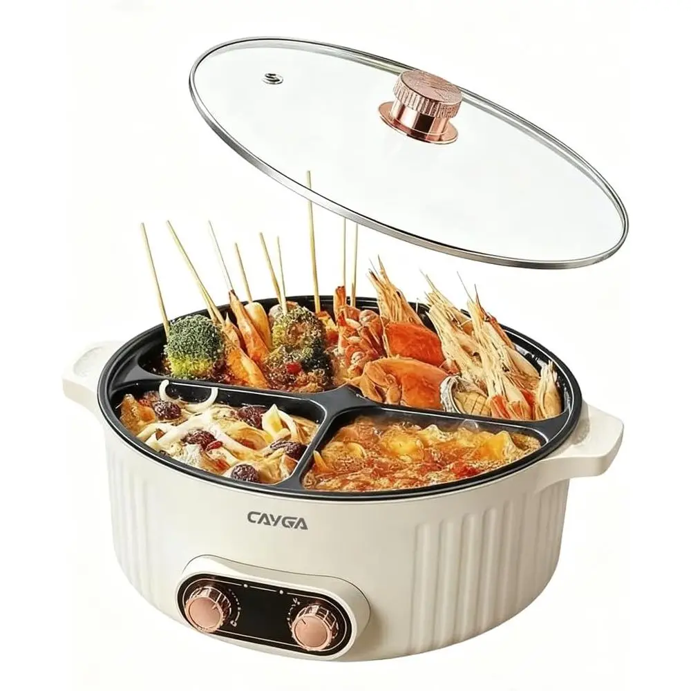 

Electric Hot Pot Cooker with Divider, 4 Comparent Hotpot Pot, 2000W Shabhabu Pot Electric with Non-Stick, 5Qt Hot Pots or Indoor