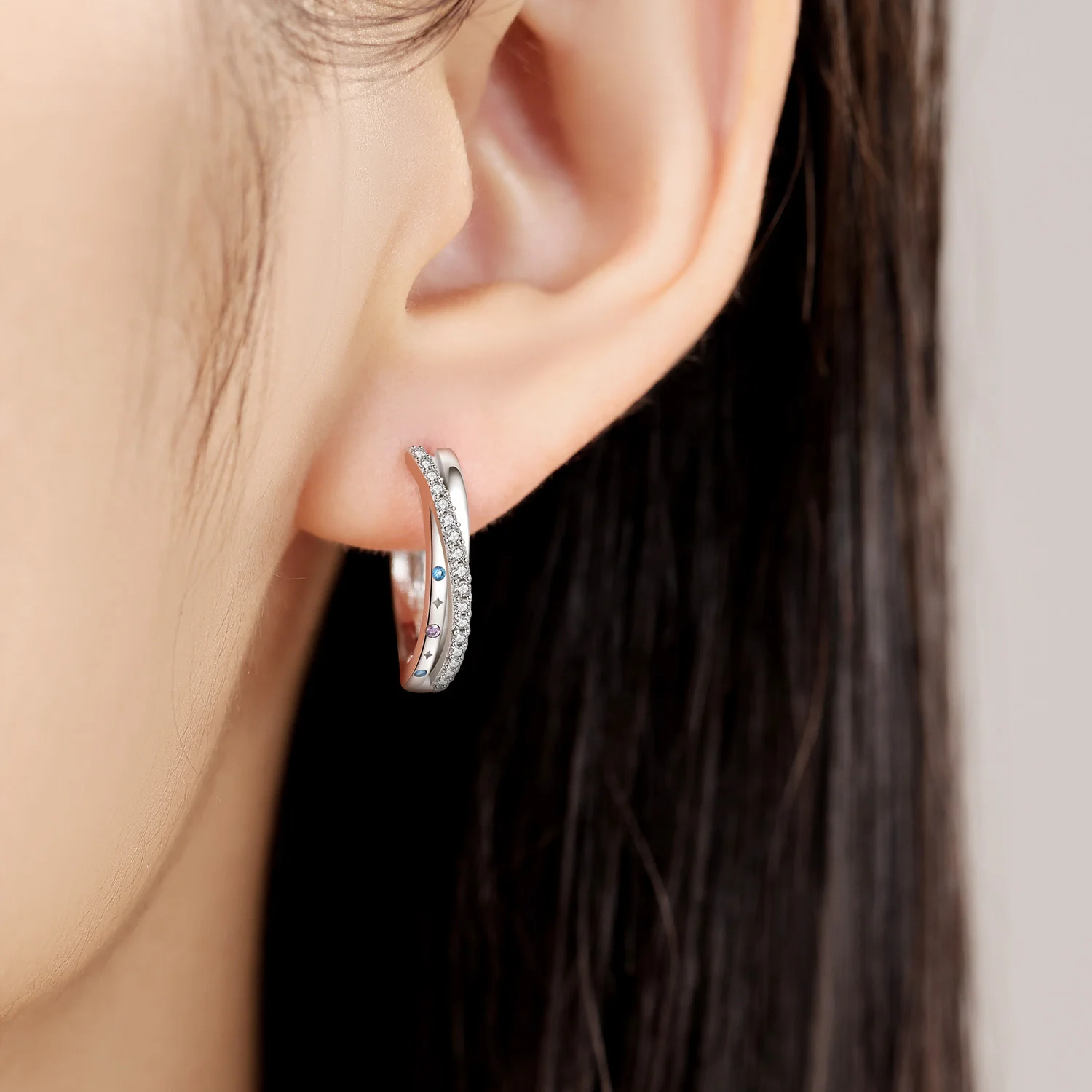 PANPOKI S925 Sterling Silver Wrap Colored Zircon Earrings Hoop Earrings Women Jewelry Original Trendy Anniversary Gifts