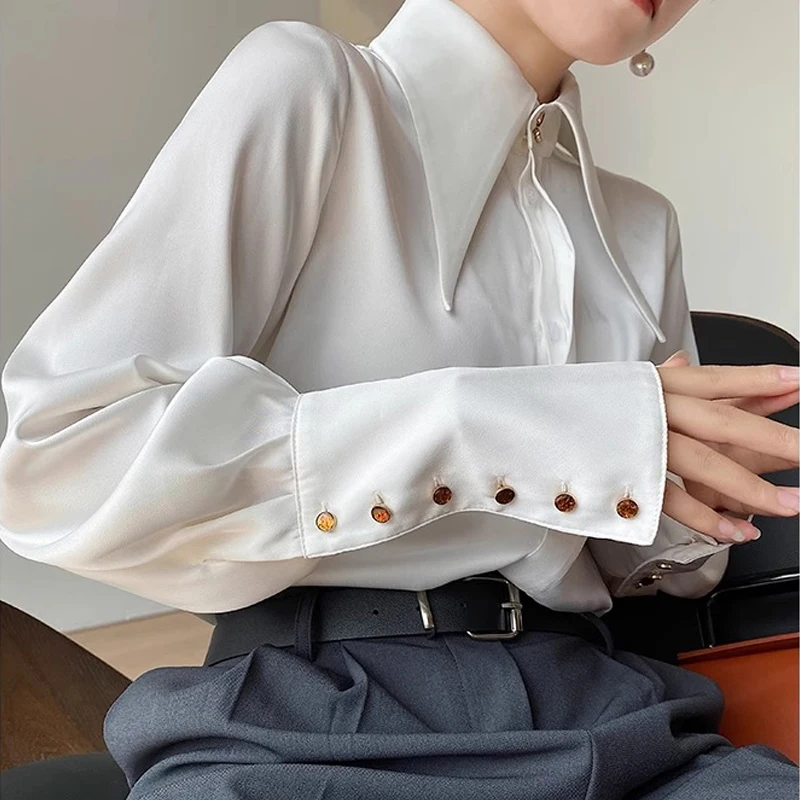 Elegant Satin Silk Women Shirts Spring Autumn Vintage Turn Down Collar Female Blouse White Office Ladies Shirt Tops Blusas 16946