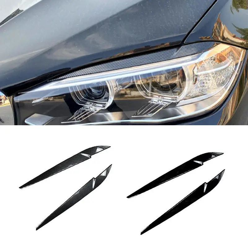 2pcs ABS Carbon Fiber Texture/Glossy Black Car Headlights Eyebrow Eyelids Cover Trim For BMW X5 X6 F15 F16 2014 2015 2016-2018