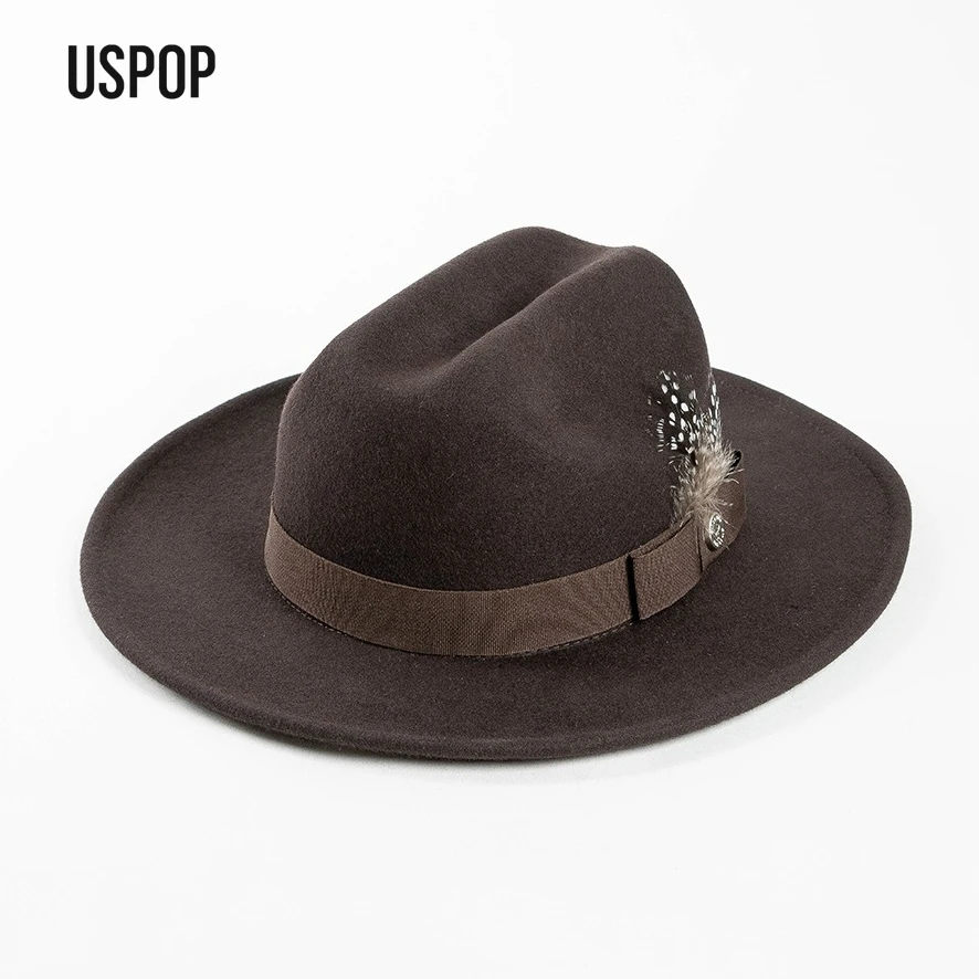 

USPOP Vintage 100% Wool Fedora Hat for Women Men, Wide Brim Jazz Hat with Feather Ribbon Metal Button for Autumn Winter Outfits