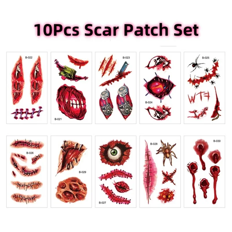 QIANKONG 2024 New 10Pcs Halloween Lifelike Bloody Wound Scary Waterproof Temporary Tattoo Stickers