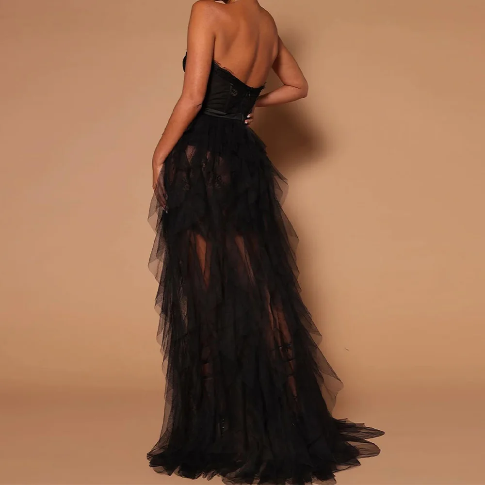 V-Neck Chiffon Evening Dress Sleeveless Straight Fashion Sweep Train Lace Photo Color Side Slit Floor Length Saudi Arabia 2024