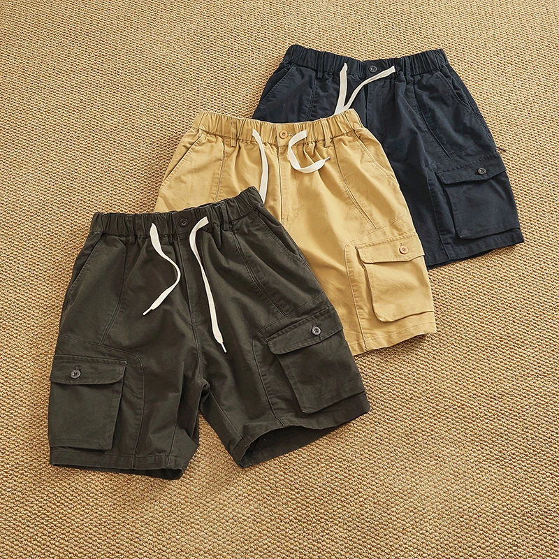 2025 Summer New American Retro Woven Multi-Pocket Cargo Shorts Men's Amekaji 100% Cotton Washed Casual Straight 5-point Pants